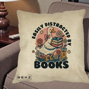Perna Personalizata Easily Distracted by Books, 40x40 cm, Crem, Husa Detasabila, Perna Inclusa, BEKZ®
