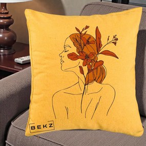 Perna Decorativa Portret Feminin Crin Ruginiu Auriu, 40x40 cm, Galben, Husa Detasabila, Perna Inclusa, BEKZ®