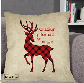 Perna Decorativa Ren Tartan Craciun Fericit, 40x40 cm, Crem, Husa Detasabila, Perna Inclusa, BEKZ®