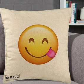 Perna Decorativa Emoji Limba Scoasa, 40x40 cm, Bej, Husa Detasabila, Perna Inclusa, BEKZ®