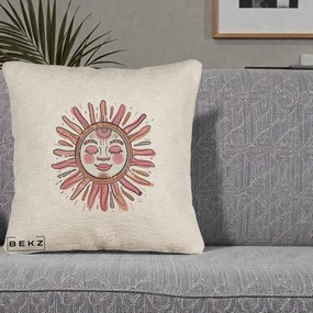 Perna Decorativa Soare Roz Tribal, 40x40 cm, Bej Canapea, Husa Detasabila, Perna Inclusa, BEKZ®