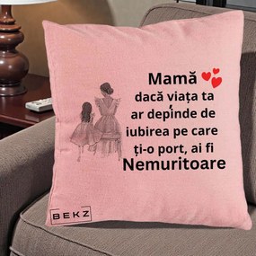Cadou pentru Mama - Perna Personalizata Mama Nemuritoare Line Art, 40x40 cm, Roz, Husa Detasabila, Perna Inclusa, BEKZ®