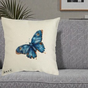 Perna Decorativa Fluture Albastru Satin cu Pete Aurii, 40x40 cm, Ecru, Husa Detasabila, Perna Inclusa, BEKZ®