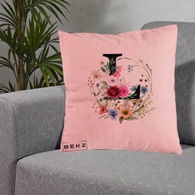 Cadou Personalizat - Perna Personalizata Monogram Litera L cu Flori Acuarela, 40x40 cm, Roz, Husa Detasabila, Perna Inclusa, BEKZ®