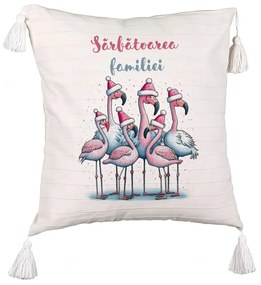Perna Decorativa cu Franjuri cu tematica de Craciun, Flamingo si Text 2, 45x45 cm, Ecru, Cu fermoar