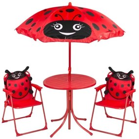 Set mobilier gradina/terasa pentru copii, pliabil, rosu, model buburuza, 1 masa cu umbrela, 2 scaune, Melisenda