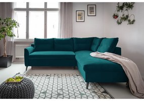 Colțar extensibil din catifea cu șezlong pe partea dreaptă Miuform Stylish Stan L, turcoaz