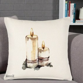 Perna Decorativa Lumanari Acuarela Iarna, 40x40 cm, Crem Reliefat, Husa Detasabila, Perna Inclusa, BEKZ®