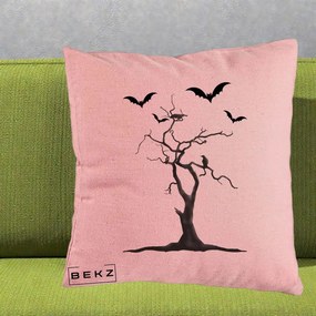 Perna Decorativa Halloween Copac cu Lilieci Alb-Negru, 40x40 cm, Roz, Husa Detasabila, Perna Inclusa, BEKZ®