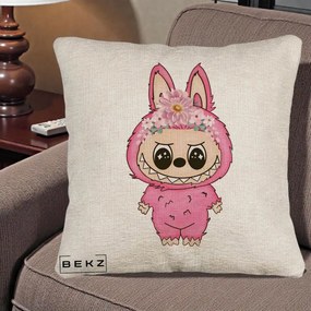 Perna Personalizata Labubu Roz cu Coroana Florala, 40x40 cm, Bej Canapea, Husa Detasabila, Perna Inclusa, BEKZ®