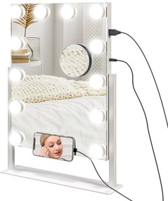 HOMCOM Oglindă Hollywood cu 12 becuri LED, luminos reglabil, rotație la 360°, magnificare 10X, atingere tactilă, alb | Aosom Romania