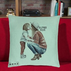 Cadou pentru Mama - Perna Personalizata Super Mom Acuarela, 40x40 cm, Verde Menta, Husa Detasabila, Perna Inclusa, BEKZ®