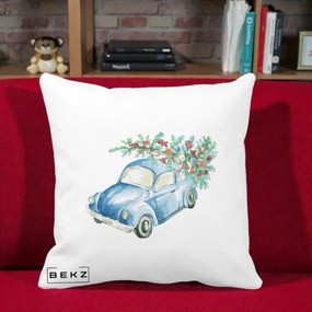 Perna Decorativa Masinuta Albastra cu Brad de Craciun, 40x40 cm, Alba Mata, Husa Detasabila, Perna Inclusa, BEKZ®
