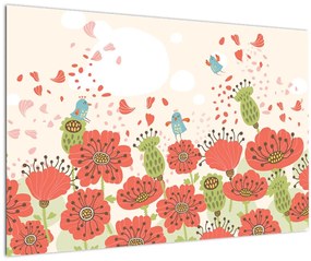 Tablou - Păsări pe o pajiște înflorită (90x60 cm)