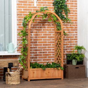 Outsunny Jardiniera de exterior din lemn de brad maro cu arc decorativ si grile pentru plante cataratoare, 83x36x152cm | Aosom Romania