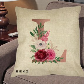 Cadou Personalizat - Perna Personalizata Monograma Rose Gold Litera L, 40x40 cm, Crem, Husa Detasabila, Perna Inclusa, BEKZ®