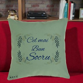 Cadou pentru Socru - Perna Personalizata Cel mai Bun Socru cu Ramuri Frunze Albastre si Aurii, 40x40 cm, Verde, Husa Detasabila, Perna Inclusa, BEKZ®