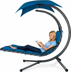 Șezlong suspendat din oțel, cu pernă încorporată, baldachin detașabil, Albastru
