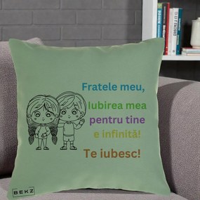 Cadou pentru Frate - Perna Personalizata Fratele Meu Te Iubesc Copii Anime Colorat, 40x40 cm, Verde, Husa Detasabila, Perna Inclusa, BEKZ®