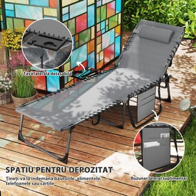 Outsunny Șezlong de Grădină Pliabil și Reglabil în 5 Poziții cu Măsuță Laterală, 60x190x31 cm, Gri | Aosom Romania