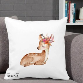 Perna Decorativa Caprioara cu Flori in Coama, 40x40 cm, Alba Mata, Husa Detasabila, Perna Inclusa, BEKZ®
