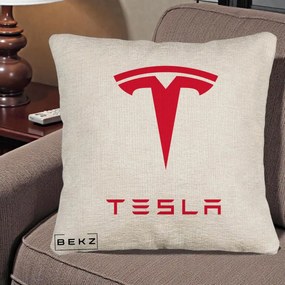 Perna Personalizata cu emblema Tesla, 40x40 cm, Bej Canapea, Husa Detasabila, Perna Inclusa, BEKZ®