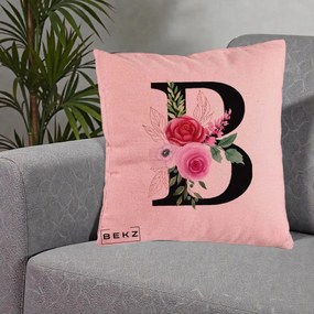 Cadou Personalizat - Perna Personalizata Monograma Florala Litera B, 40x40 cm, Roz, Husa Detasabila, Perna Inclusa, BEKZ®