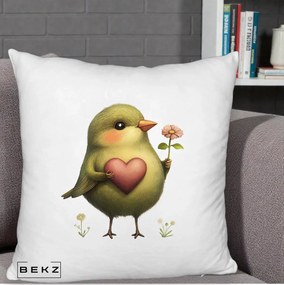 Perna Decorativa Pasare Verde cu Inima si Floare, 40x40 cm, Alb Pufos, Husa Detasabila, Perna Inclusa, BEKZ®