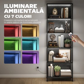 HOMCOM Bibliotecă cu 5 Rafturi, Verticală cu Iluminare LED în 7 Culori, Economisire Spațiu pentru Living, Dormitor și Birou, 60x30x179 cm, Negru | Aosom Romania