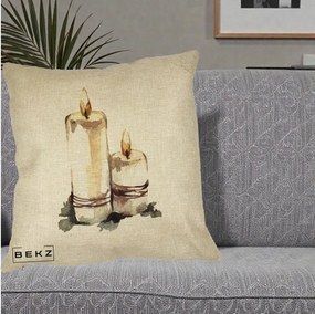 Perna Decorativa Lumanari Acuarela Iarna, 40x40 cm, Crem, Husa Detasabila, Perna Inclusa, BEKZ®