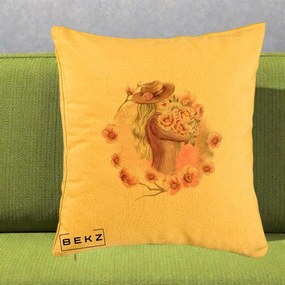 Perna Decorativa Femeie cu Flori Roz Acuarela, 40x40 cm, Galben, Husa Detasabila, Perna Inclusa, BEKZ®