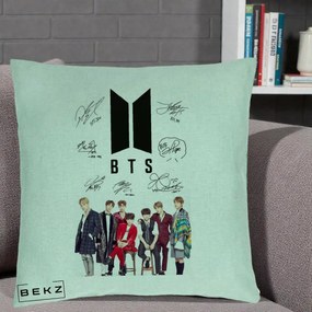 Perna Personalizata K-pop BTS Semnaturi Foto, 40x40 cm, Verde Menta, Husa Detasabila, Perna Inclusa, BEKZ®