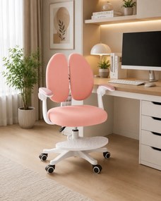 Scaun ergonomic pentru copii, spatar reglabil, suport picioare reglabil, rotativ, Roz