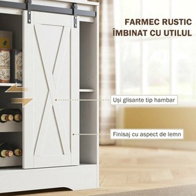 HOMCOM Servantă de Bucătărie Rustică 180 cm, Dulap cu Priză de Alimentare, Lumini LED, Suport pentru Sticle, Suprafață pentru Cuptor cu Microunde, Rafturi Deschise, Uși Glisante, Orificiu pentru Cabluri, Alb | Aosom Romania