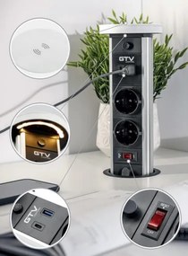 Priza incorporabila turn, 2 prize schuko, USB A+C, incarcare Wireless 10 W, lumina de veghe, cablu 1.5 m, alba, GTV
