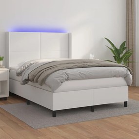 3139260 vidaXL Pat cu arcuri, cu saltea și LED, alb, 140x190 cm, piele eco