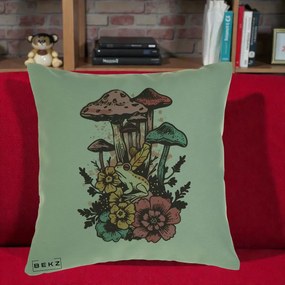 Perna Decorativa Ciuperci si Broaste Boho, 40x40 cm, Verde, Husa Detasabila, Perna Inclusa, BEKZ®