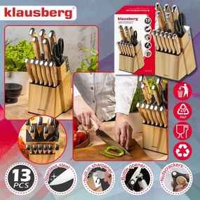 Set de cuțite de bucătărie Klausberg KB 9038, 13 piese, ascuțitor încorporat, oțel inoxidabil, suport, maro