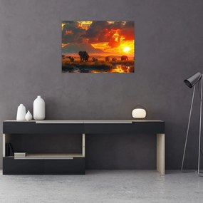 Tablou pe sticlă - Turmă de elefanți (70x50 cm)
