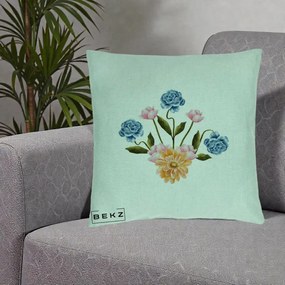 Perna Decorativa Buchet Primavara Acuarela, 40x40 cm, Verde Menta, Husa Detasabila, Perna Inclusa, BEKZ®