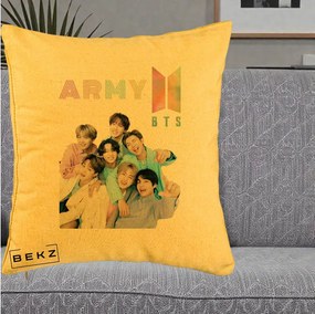 Perna Personalizata K-pop BTS ARMY Fotografie Grup Veseli, 40x40 cm, Galben, Husa Detasabila, Perna Inclusa, BEKZ®