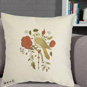 Perna Decorativa Pasare pe Ramura cu Maci, 40x40 cm, Ecru, Husa Detasabila, Perna Inclusa, BEKZ®