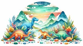 Tablou dinozauri colorați în munți