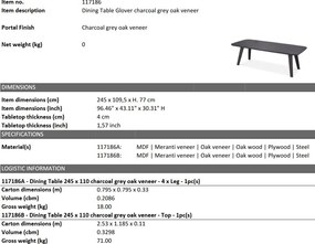 Masa design LUX Glover Charcoal grey, 245x109cm