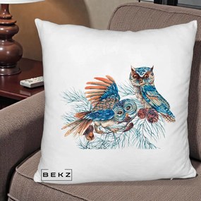Perna Decorativa Bufnite de Iarna Albastre, 40x40 cm, Alb Pufos, Husa Detasabila, Perna Inclusa, BEKZ®