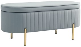 HOMCOM Bancă de Depozitare pentru Intrare Ovală 72L cu Design Scanalat, Capac Ridicabil și Șezut Capitonat, Bancă de la Capătul Patului Pouf în Catifea și Picioare de Lemn de Pin, 108x44x43.5 cm, Gri | Aosom Romania