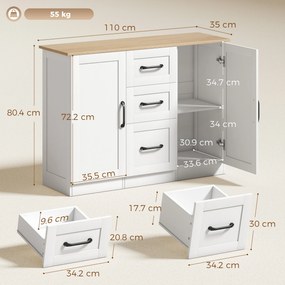 HOMCOM Bufet de bucătărie cu 3 sertare și 2 uși, închidere amortizată, pentru dining, hol și living, 110x35x80,4 cm, alb | Aosom Romania