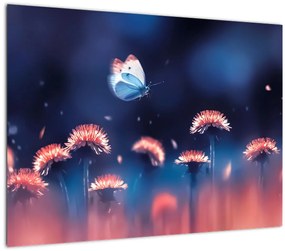 Tablou pe sticlă cu păpădii cu fluture albastru (70x50 cm)