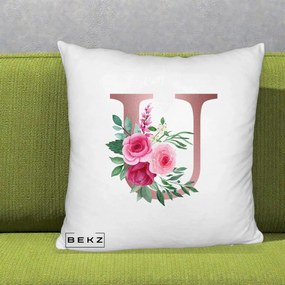 Cadou Personalizat - Perna Personalizata Monograma Rose Gold Litera U, 40x40 cm, Alb Pufos, Husa Detasabila, Perna Inclusa, BEKZ®
