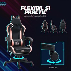 HOMCOM Scaun Gaming Ergonomic cu Urechi de Pisica, Roz | Aosom Romania